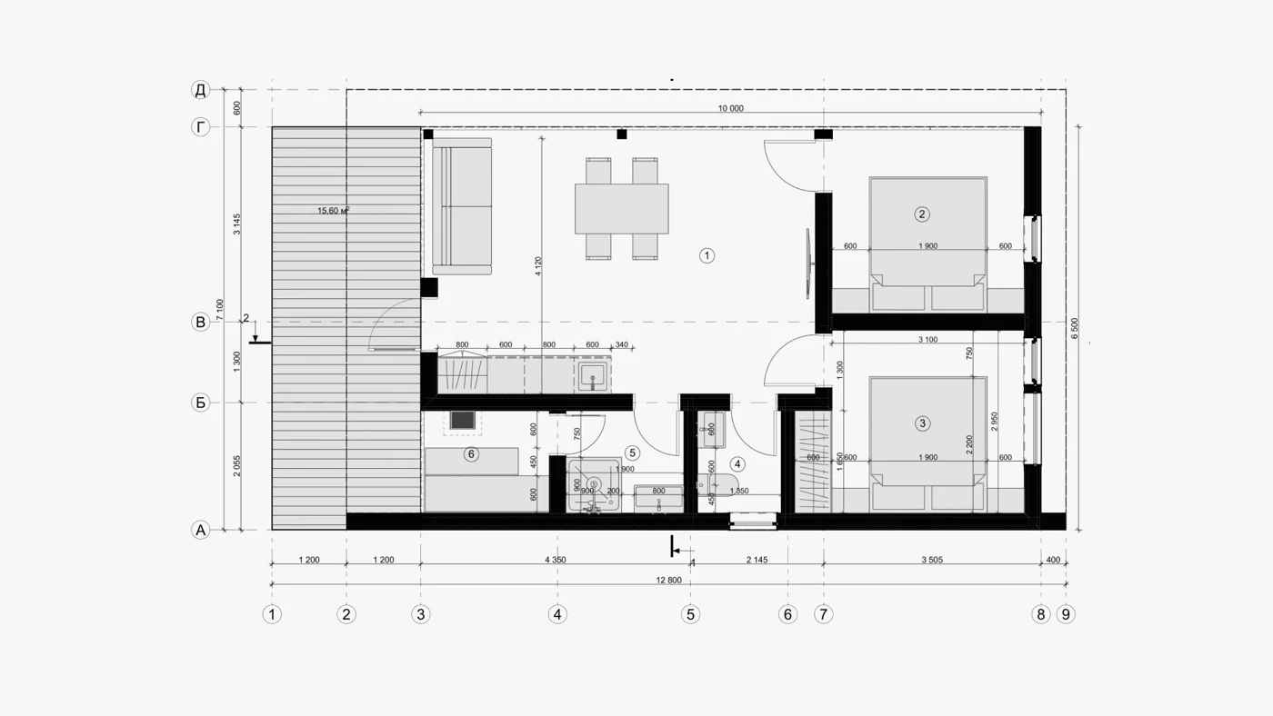 Планировка GLASSBOX 65 — 2 спальни + сауна